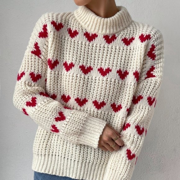 White Beige Casual Womens Heart Pattern Drop Shoulder Sweater - Picture 3 of 5